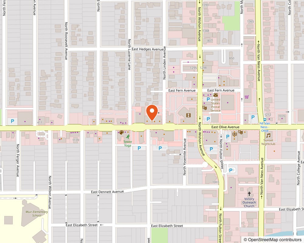 Map showing Lucy's Lounge at 733 E. Olive Ave, Fresno, on Olive Avenue near North Wishon Avenue